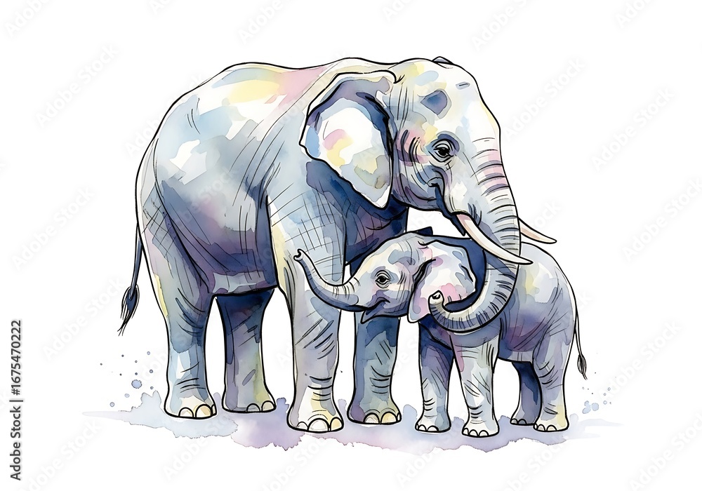 Obraz premium Watercolor painting of a mother elephant tenderly embracing her baby elephant