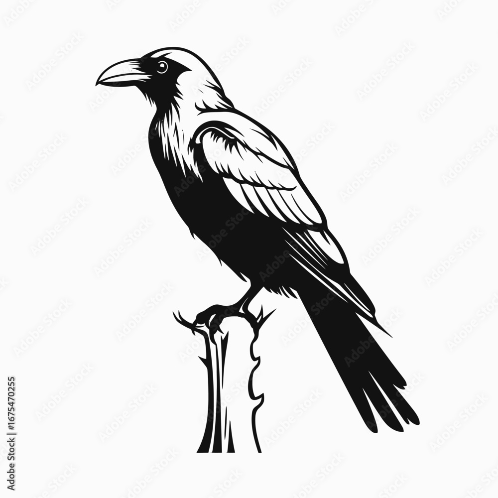 Fototapeta premium Raven perched, mysterious, isolated on a stark white backdrop, an elegant silhouette