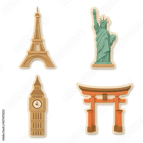 World landmarks papercut layered clipart 2x2 pack transparent background PNG Eiffel Tower Statue of Liberty Big Ben Torii gate isolated square
