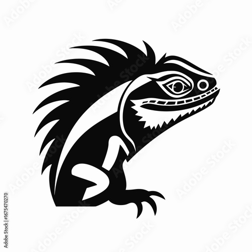 Dramatic black and white tribal stylized iguana animal vector graphic silhouette