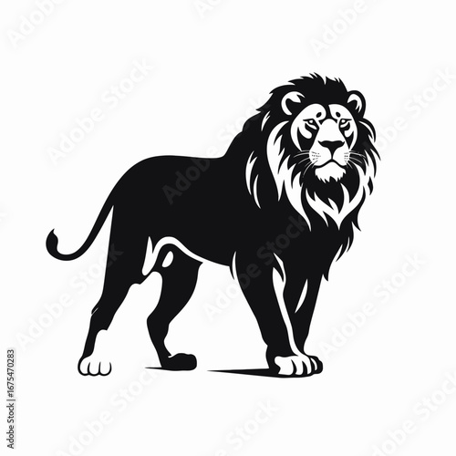 Majestic lion standing proud with intense gaze in strong black silhouette