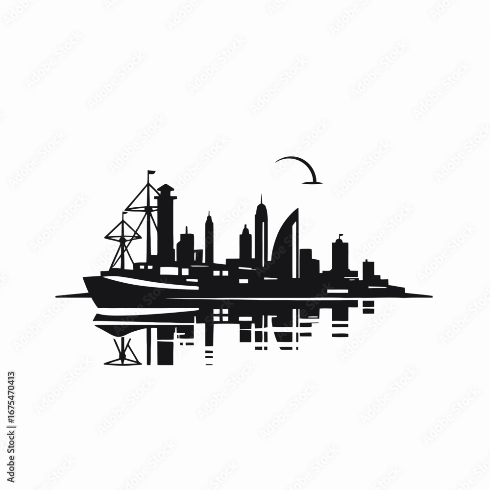Fototapeta premium Majestic urban skyline with vintage ship and reflections creates impressive silhouette