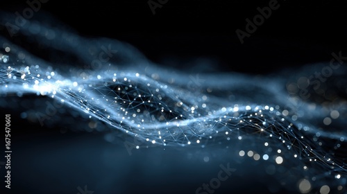 Abstract data visualization, flowing blue and silver light particles, connected grid nodes on dark background, minimalist technology art, fintech, artificial intelligence global communications concept