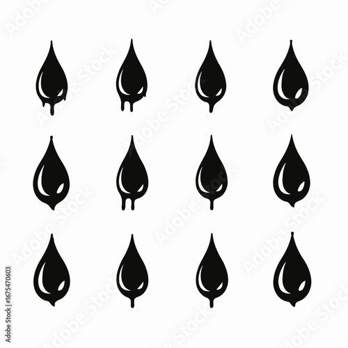 Collection of twelve vector icons representing liquid forms, in striking silhouette