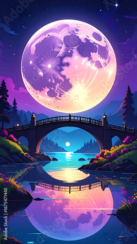 Colorful night landscape with bridge and moon