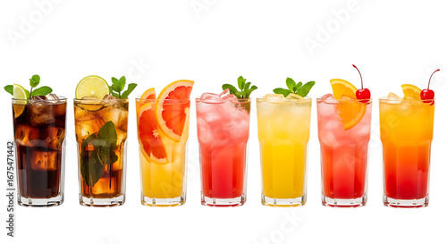 Collection of colorful refreshing alcoholic cocktails isolated on transparent background