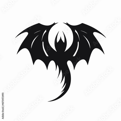 Powerful mythical dragon with bat wings illustrated in black silhouette