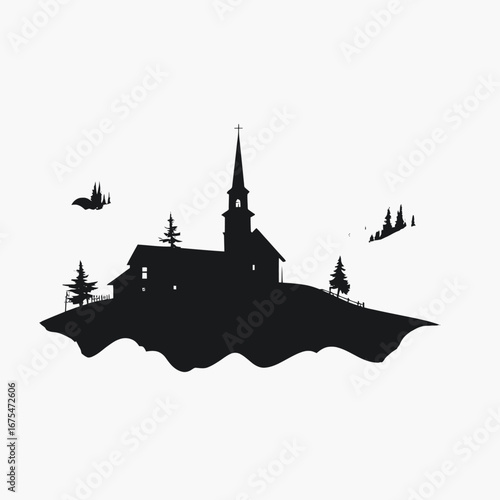 Serene church stands tall on hill in rural, black and white silhouette