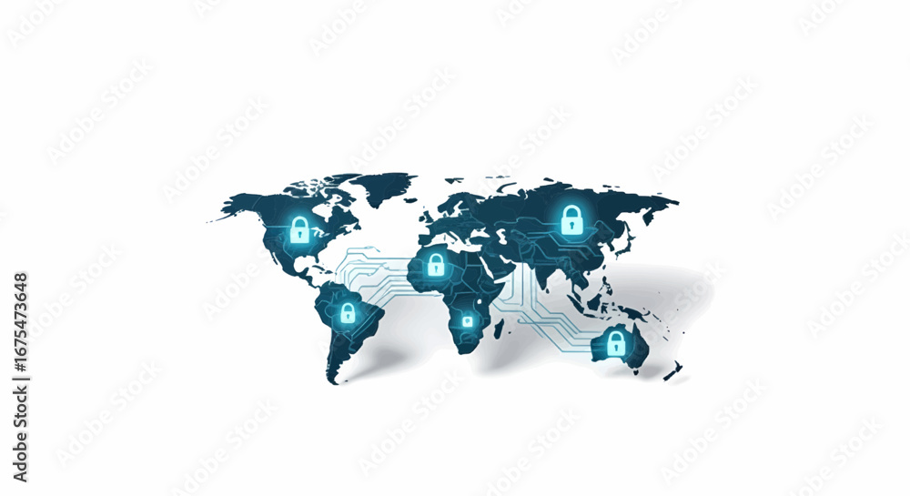 Fototapeta premium A world map with glowing padlocks illustrating the importance of global cybersecurity awareness and internet data protection