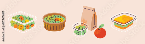 Lunch boxes meal prep with vegetables, fruits, sandwiches, salads, paper bag, and reusable containers. Flat vector illustration. Healthy eating lunch preparation concept