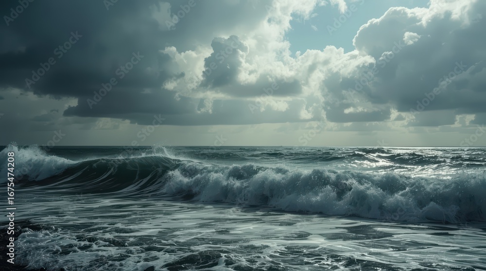 Fototapeta premium A dramatic seascape featuring large waves crashing under a cloudy and bright sky view