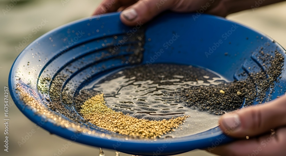 Fototapeta premium A Prospectors Rich Find Glittering Gold Dust Shines in a Blue Sluice Pan.