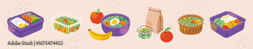 Lunch boxes meal prep with rice, vegetables, eggs, fruits, sandwiches, salads, paper bag, and reusable containers. Flat vector illustration. Healthy eating lunch preparation concept