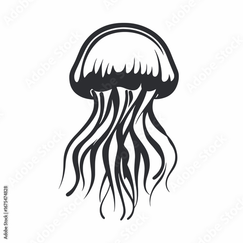 Striking minimalist monochrome depiction of a single jellyfish, a captivating underwater silhouette