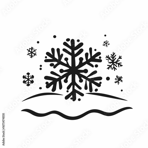 Floating whimsical snowflakes and snowdrifts creating a winter wonderland illustration silhouette