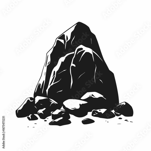 Monochromatic vector illustration of rocky landscape showcasing graphic rock pile silhouette