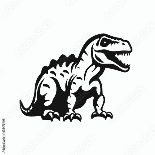 Striking black and white dinosaur with threatening jaws in detailed silhouette