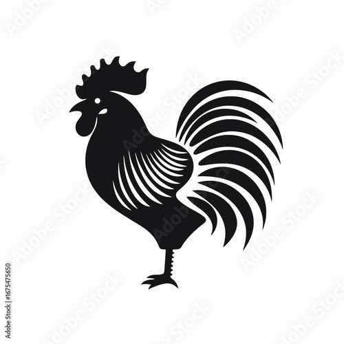 Bold farmyard rooster with detailed tail and comb facing left silhouette
