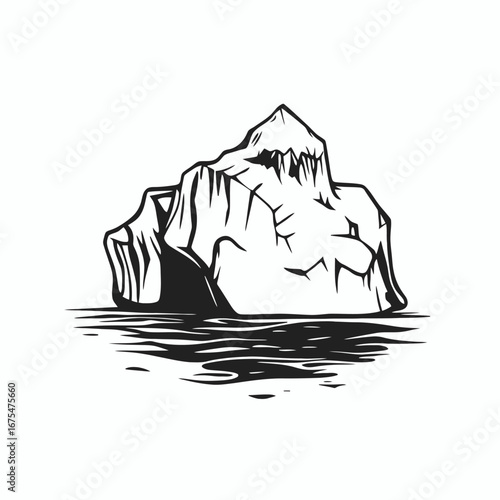 Striking iceberg floating on water, isolated on white background silhouette