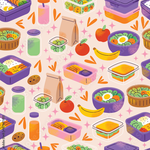 Lunch boxes meal prep seamless pattern with rice, vegetables, eggs, fruits, sandwiches, salads, juice, paper bag, and reusable containers. Flat vector illustration. Healthy eating preparation concept