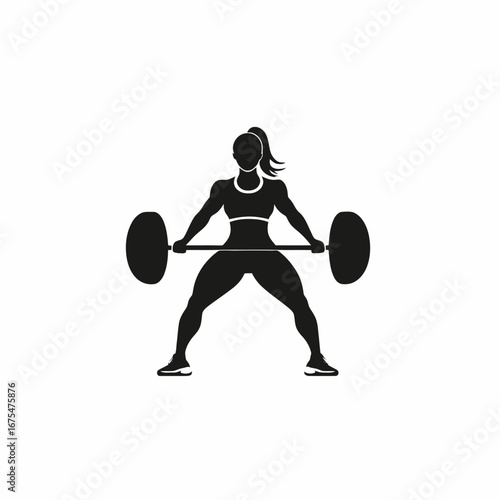 Strong woman lifting barbell, fitness exercise, sporty female figure silhouette