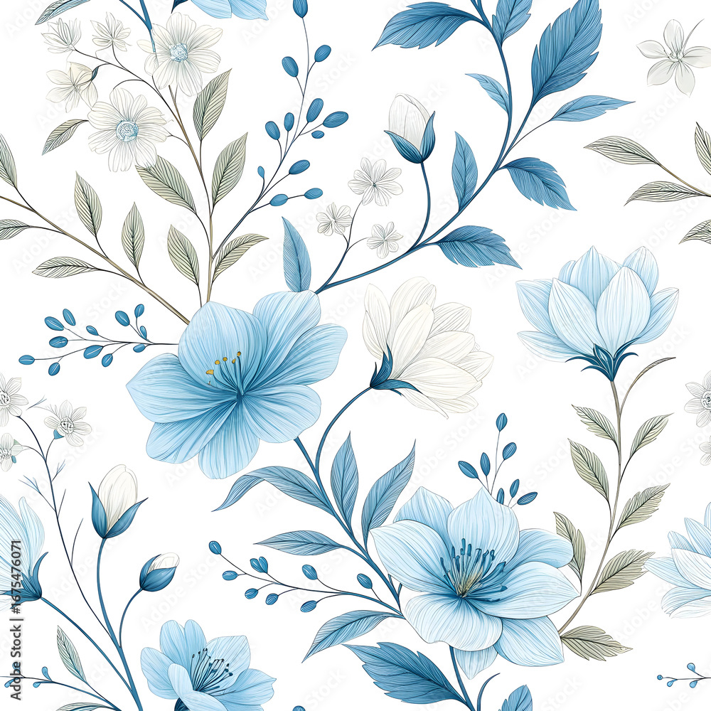 Fototapeta premium Seamless Repeating Pattern of Pressed Blue and White Flowers on Black Background Delicate Floral Design with Line Art Style isolated on a transparent background