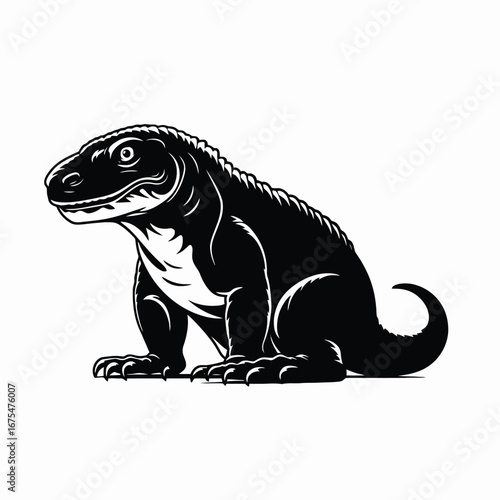 Komodo dragon sitting majestic dangerous animal black vector graphic illustration silhouette