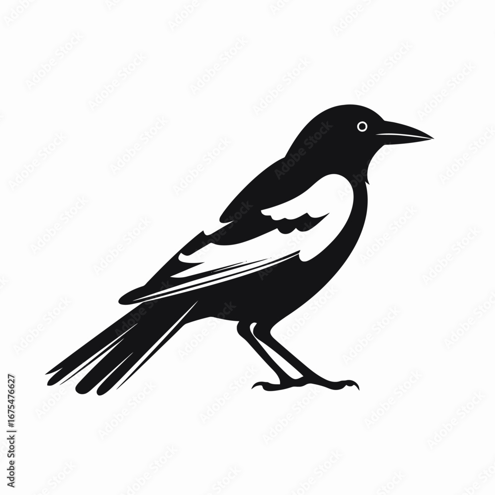 Obraz premium Striking magpie bird standing, presented as a simplistic, vector graphic silhouette