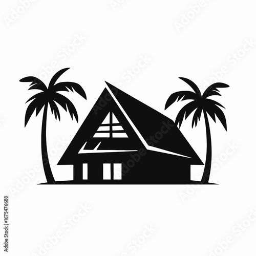 Black beach house with palm trees creating a summer vacation silhouette