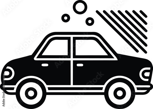 Vector art of black and white icon of a car being washed with soap bubbles and water jets, isolated on a
