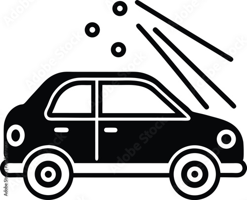 Vector art of minimalist black and white graphic of a car being washed with suds and water streams, presented on a clean
