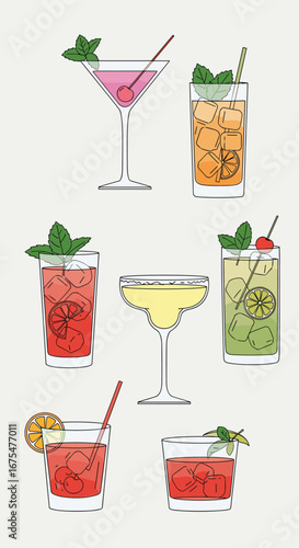 Vibrant refreshing cocktails party collection set featuring various mixed drinks with garnishes perfect for summer celebrations and gatherings