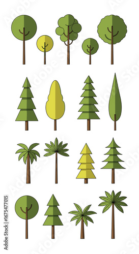 A collection of flat design trees and evergreen foliage for natural scene creation