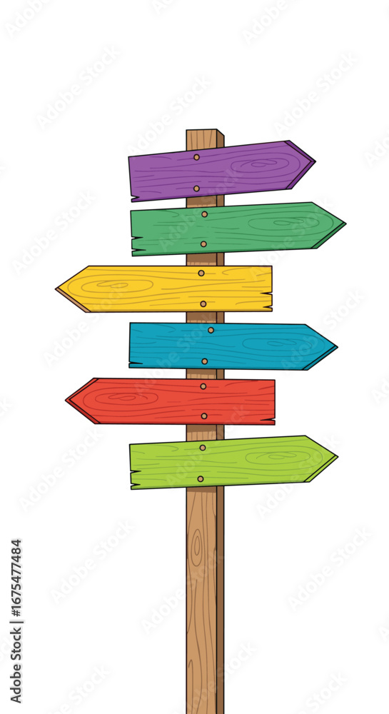 Colorful wooden directional signpost with multiple arrows pointing to different destinations for vacation planning and travel decisions Colorful wooden directional signpost with multiple arrows pointing to different destinations for vacation planning and travel decisions