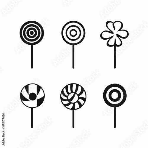 Sweet treat assortment of six black candy lollipops minimalist illustration silhouette