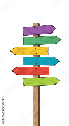 Colorful wooden directional signpost with multiple arrows pointing to different destinations for vacation planning and travel decisions