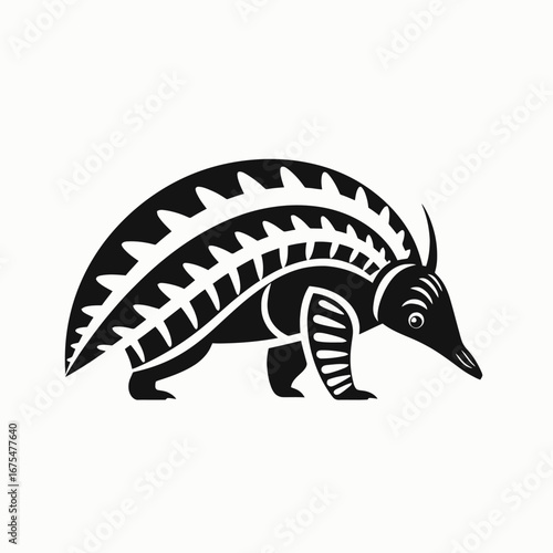 Stylized echidna walking with patterned body in monochrome illustration silhouette