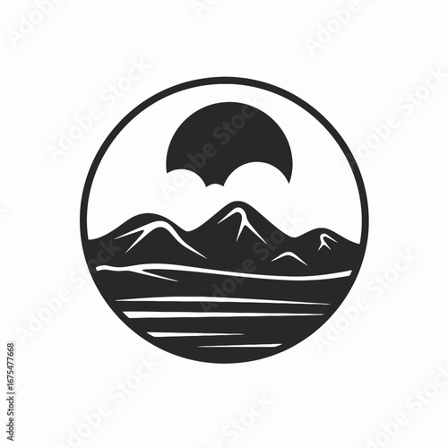 Serene mountainscape with sun reflecting upon water, a striking minimalist silhouette