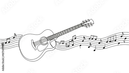 Continuous Line Drawing of a Guitar with Music Notes, Minimalist Vector Illustration
