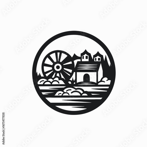 Historic mill with water wheel artful rounded emblem vector silhouette