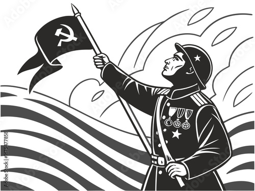 Soviet soldier raising flag with hammer and sickle during World War II
