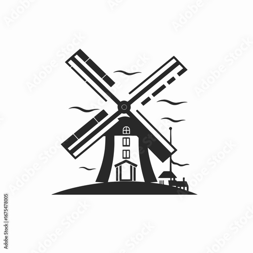 Traditional dutch windmill on grassy knoll in stylized monotone silhouette