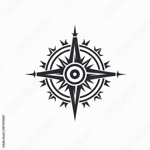 Elegant windrose compass with sharp spikes in minimalistic black silhouette