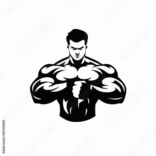 Powerful bodybuilder flexing vector illustration black and white muscular silhouette