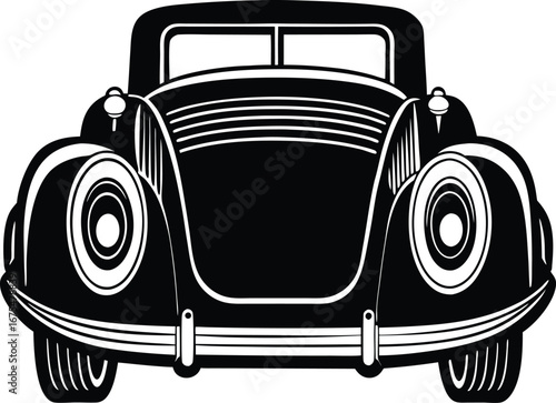 Vector art of vintage black car front view, classic automobile design, retro vehicle illustration