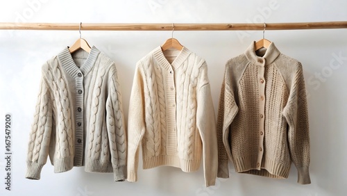 Three cozy cable knit wool cardigans with buttons hanging on a wooden rail against a clean white background, isolated on white background