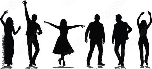 Dancing silhouette figures in expressive poses, diverse styles and attire, black vector illustration of motion and art on white background