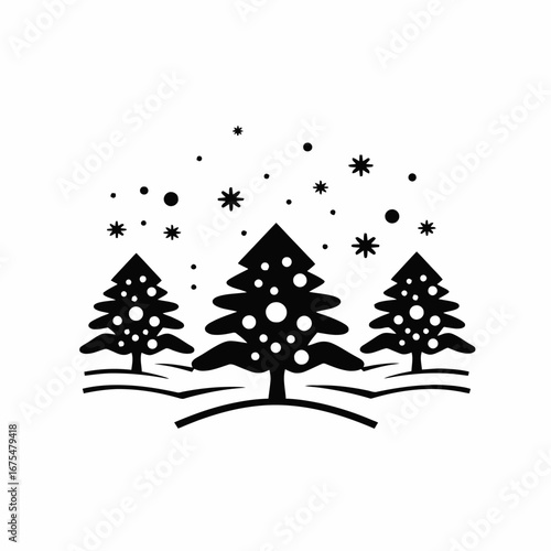 Festive evergreen trees and falling snow celebrate winter season silhouette