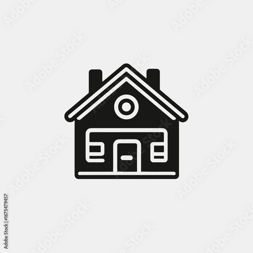 Minimalist charming home icon with chimney and door black silhouette