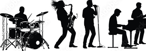 Five-member band silhouette with musical instruments including drums, saxophone, keyboard, and singer, black vector illustration of live performance